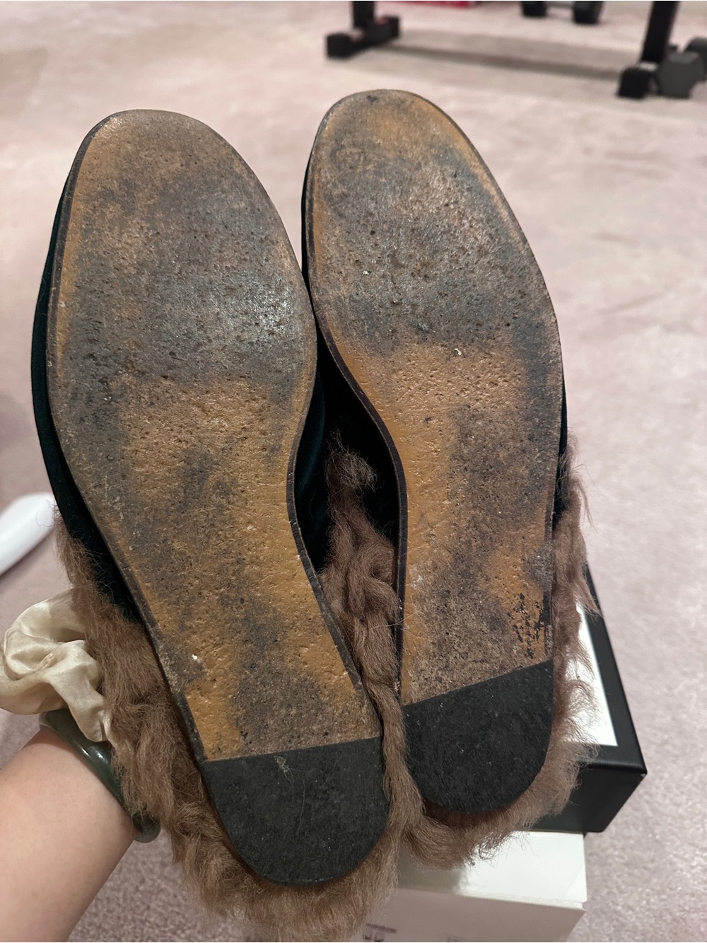 Gucci Dark green Velvet Horsebit Embroidered Fur Lined Loafers/Mules - Picture 3 of 4